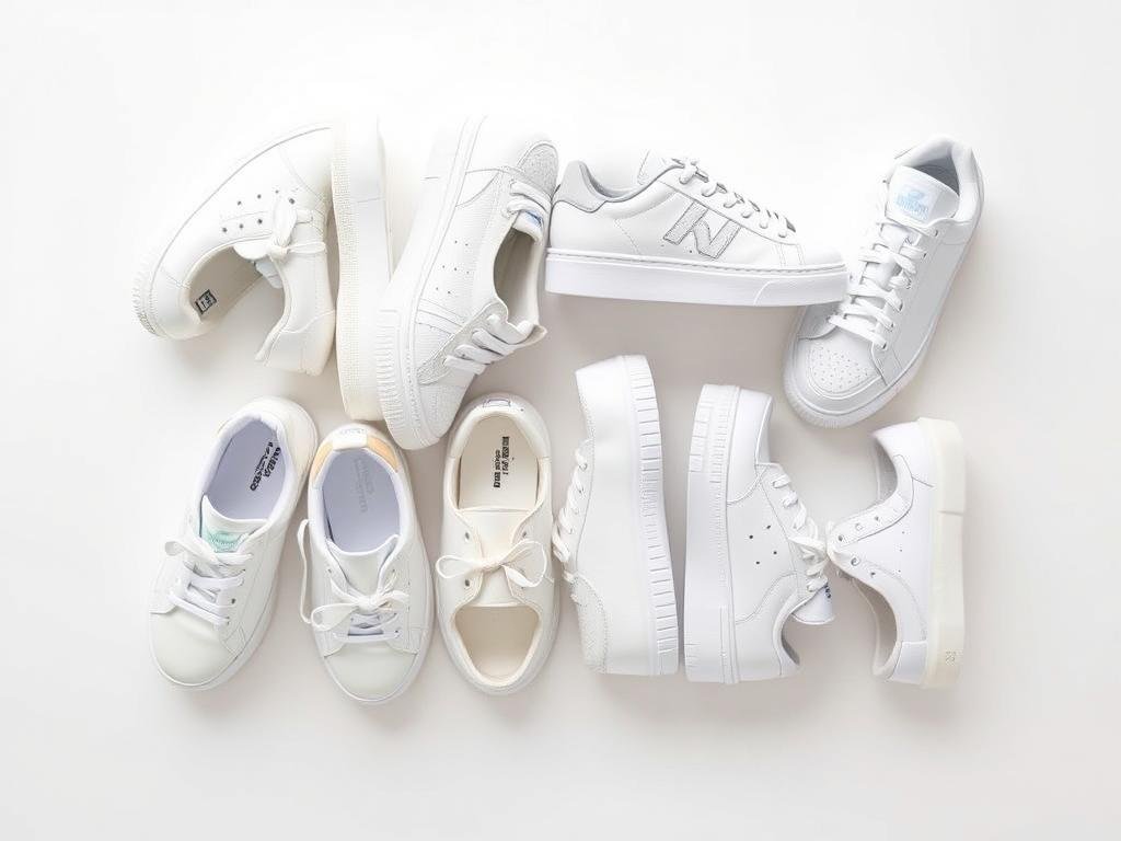 Different styles of white tennis shoes lined up showing variety