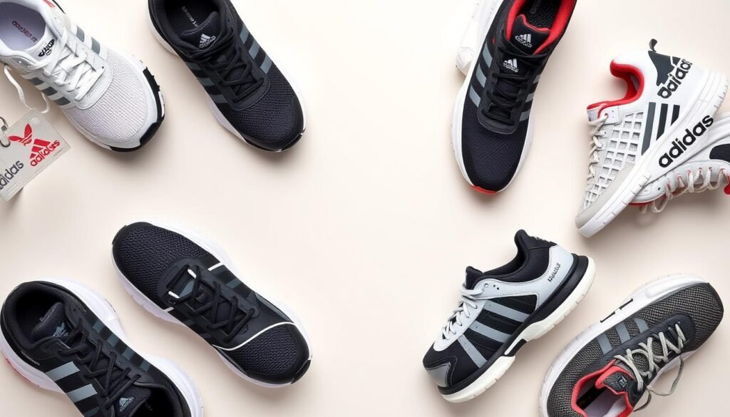 Different types of Adidas shoes arranged by activity type: running, training, lifestyle, and basketball