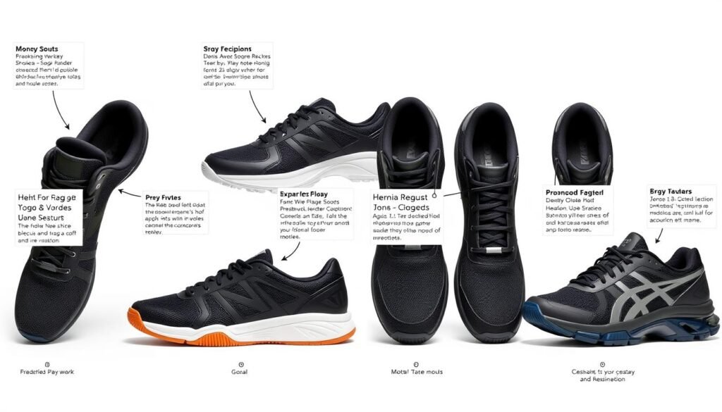 Different types of black tennis shoes showing various features and designs