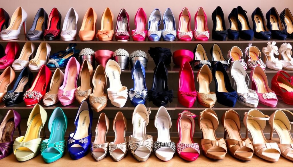 Diverse collection of prom shoes arranged in a stylish display
