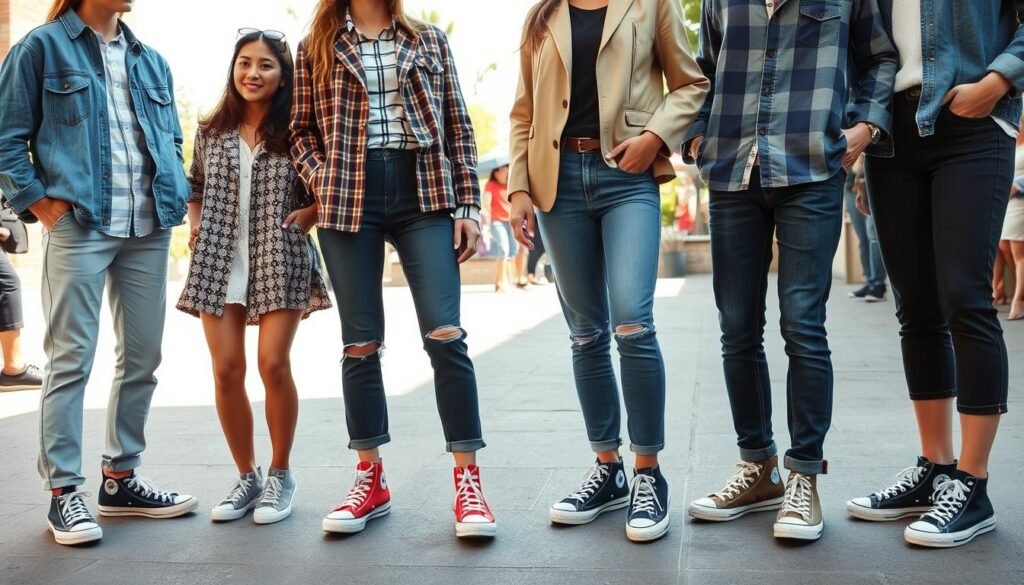 Diverse group of people wearing different styles of Converse shoes showing versatility