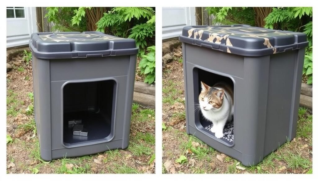 Double-walled plastic bin cat shelter with insulation for outdoor use