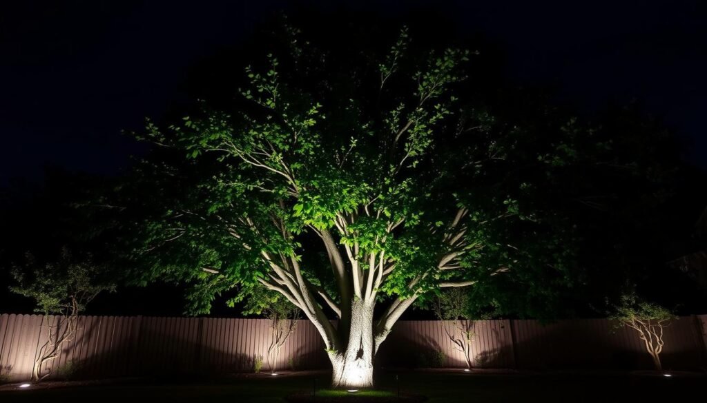 Dramatic uplighting on a mature tree creating beautiful shadow patterns and highlighting the tree's structure