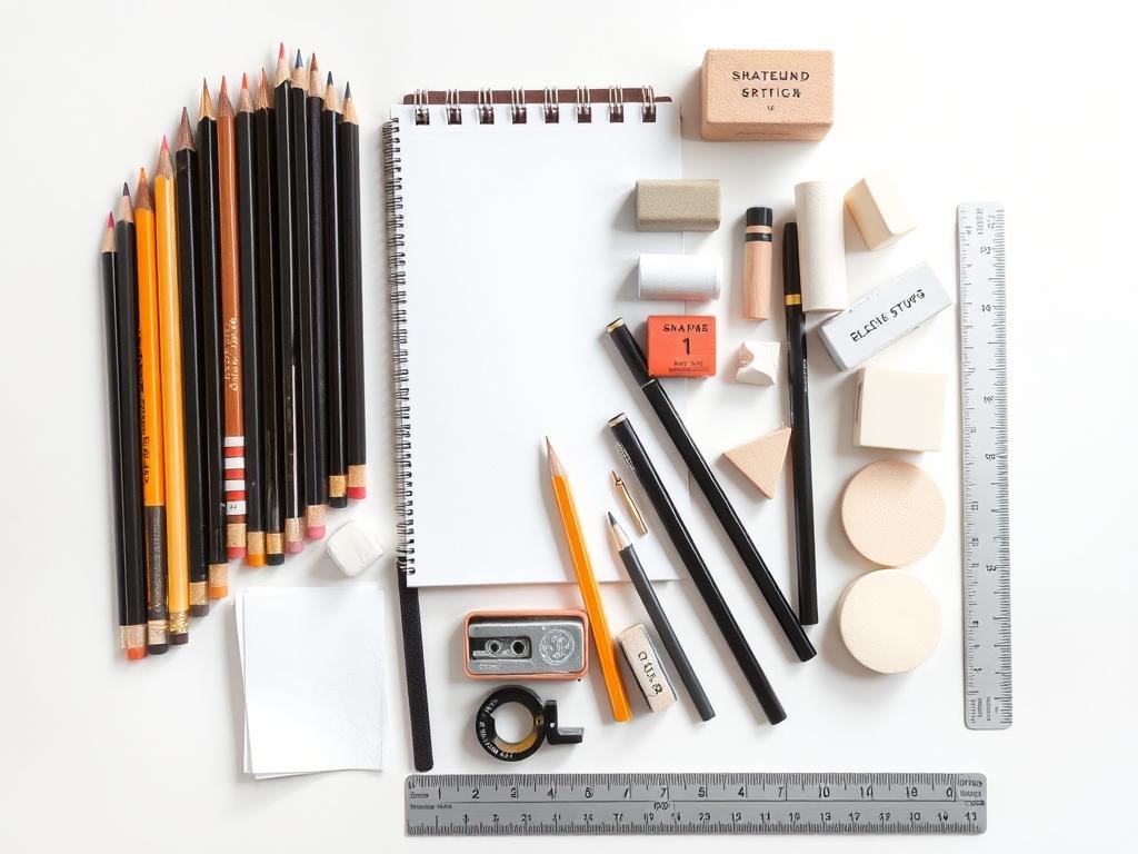 Drawing materials for sketching shoes including pencils, paper, erasers and blending tools