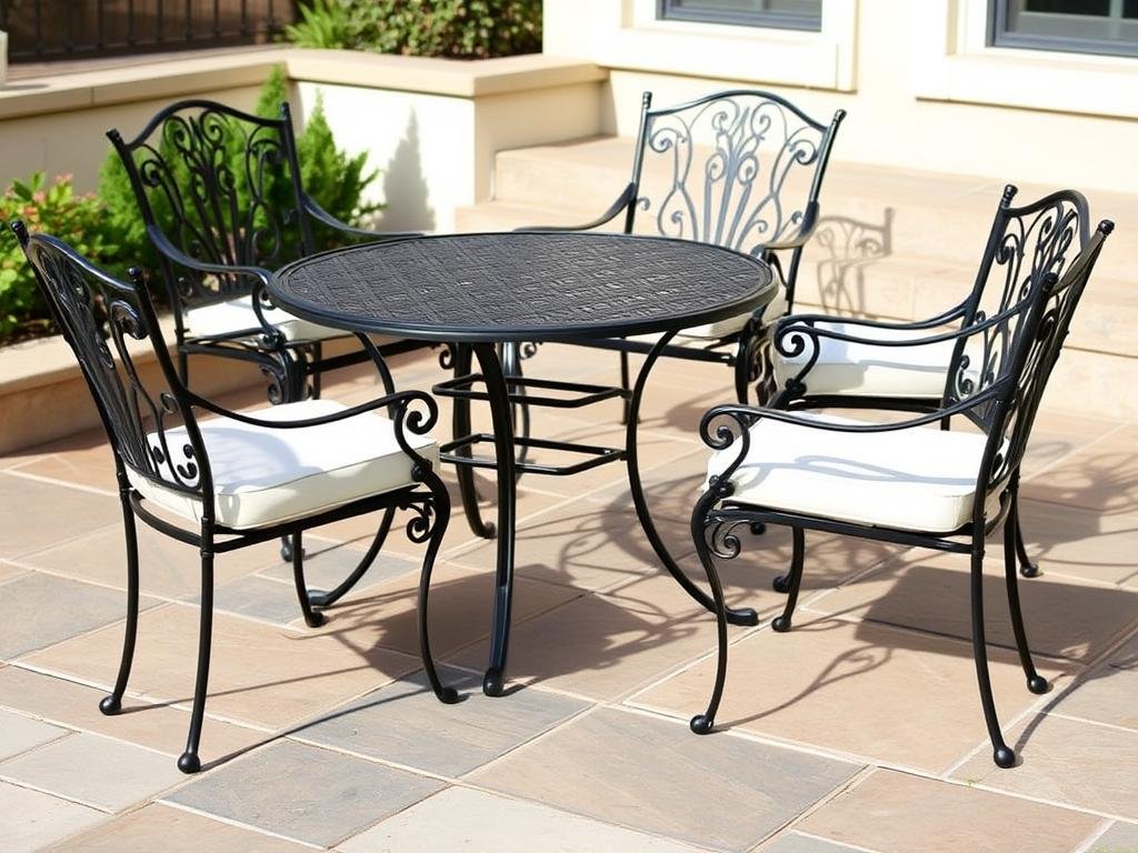 Durable metal outdoor furniture set with cushions on a stone patio