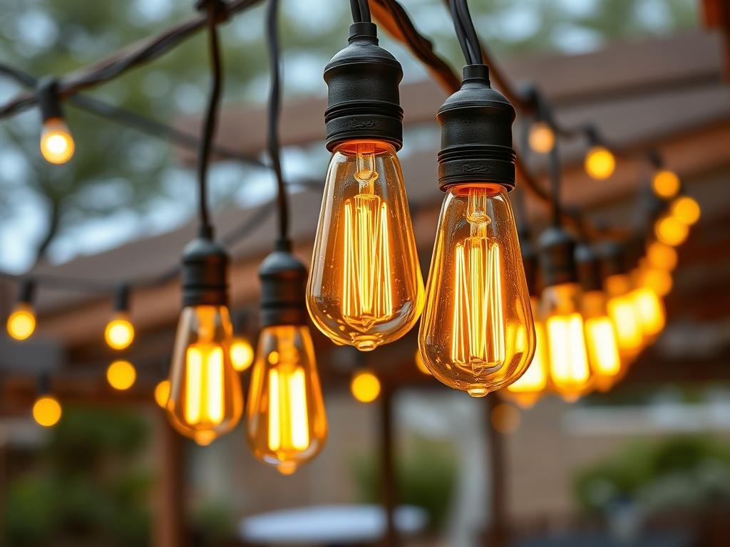 Edison bulb patio string lights illuminating an outdoor dining area