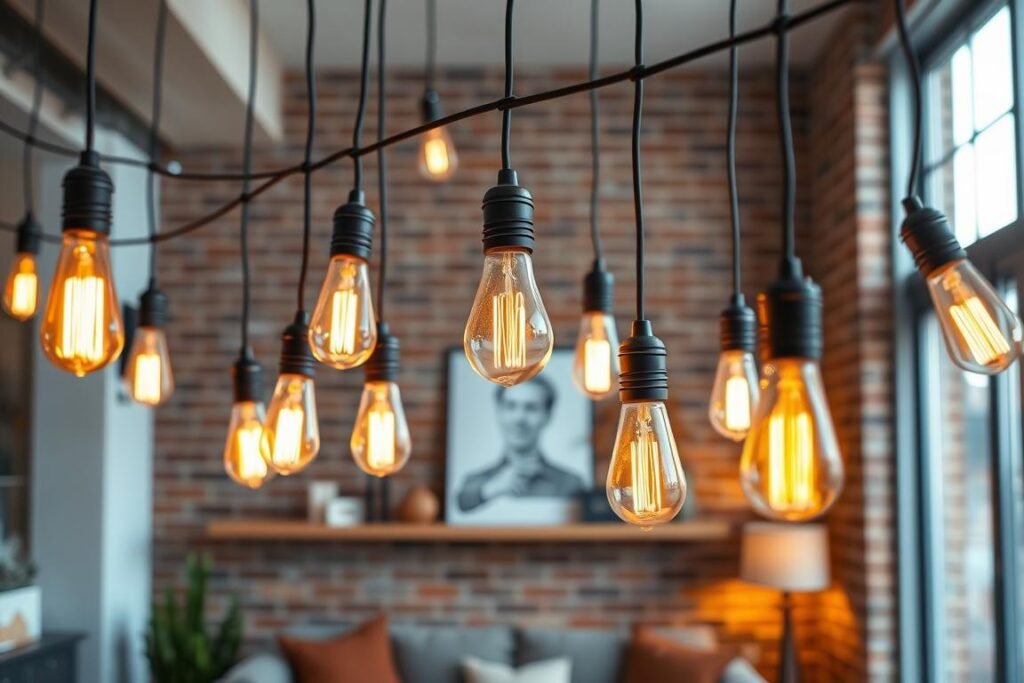 Edison bulb string lights hanging in a modern living room with exposed brick wall, creating a warm, vintage atmosphere