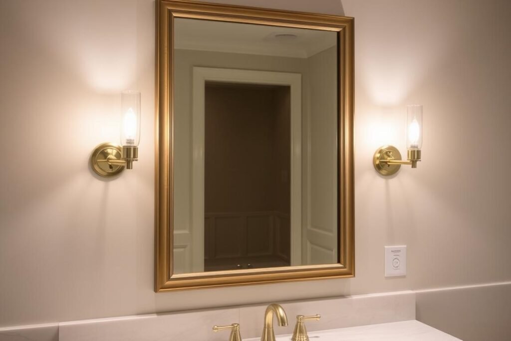Elegant bathroom sconces flanking a vanity mirror