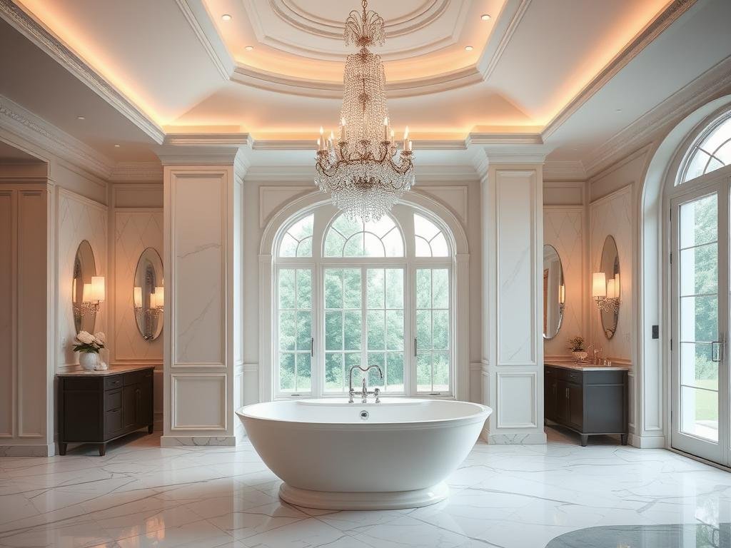 Elegant bathroom with crystal chandelier as focal point