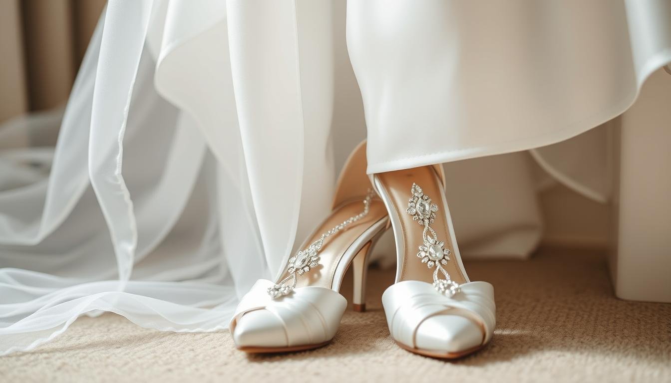 Elegant bridal shoes displayed with wedding dress and accessories