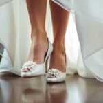Elegant bride wearing ivory low heel bridal shoes with pearl embellishments