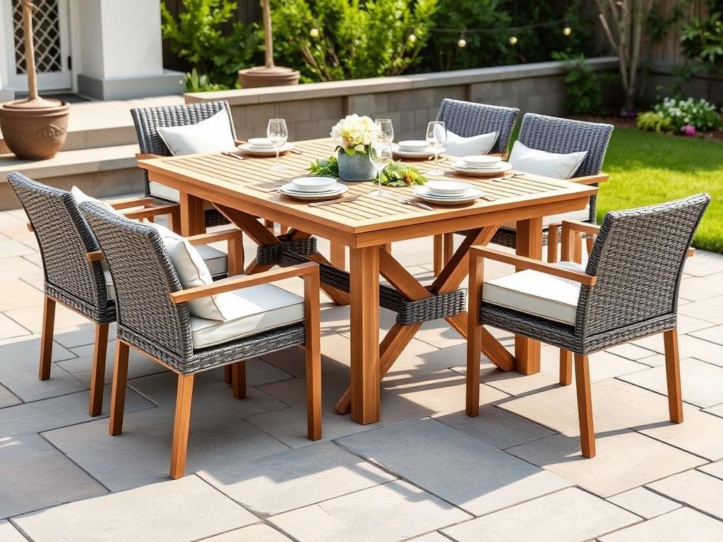 Elegant outdoor dining set with table and chairs on a patio surrounded by plants