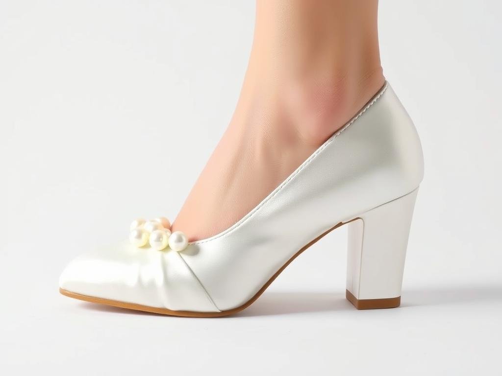 Elegant pearl-embellished low block heel bridal shoes