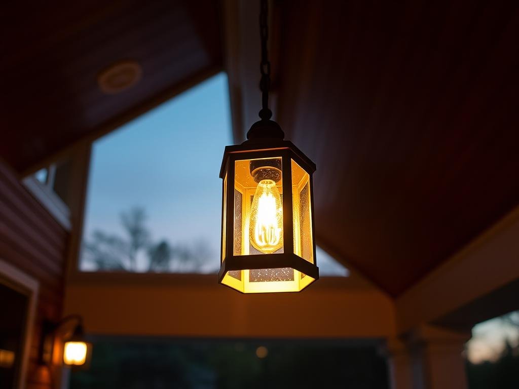 Elegant pendant light hanging from a porch ceiling, casting a warm glow over a seating area