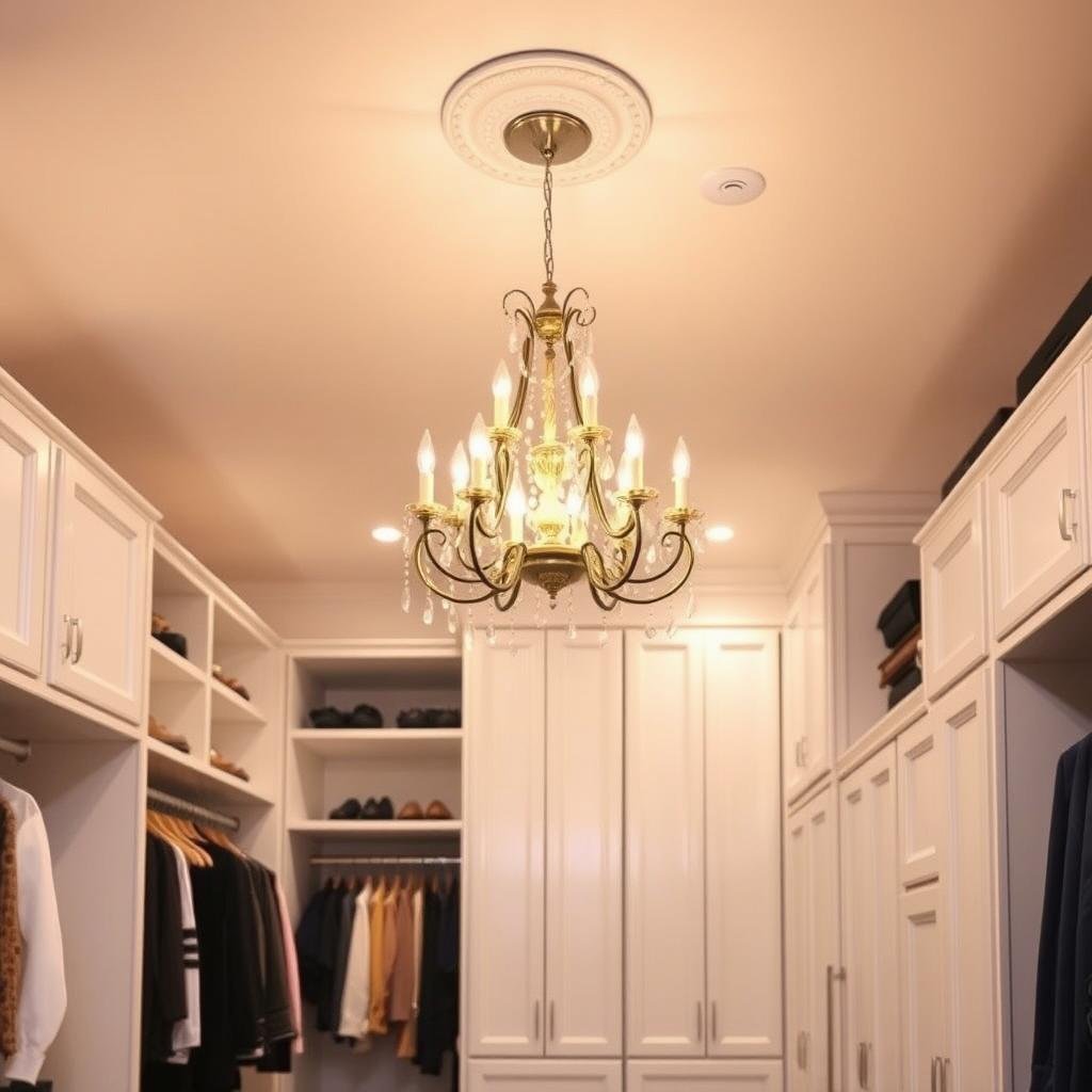 Elegant walk-in closet with ceiling-mounted chandelier providing ambient lighting