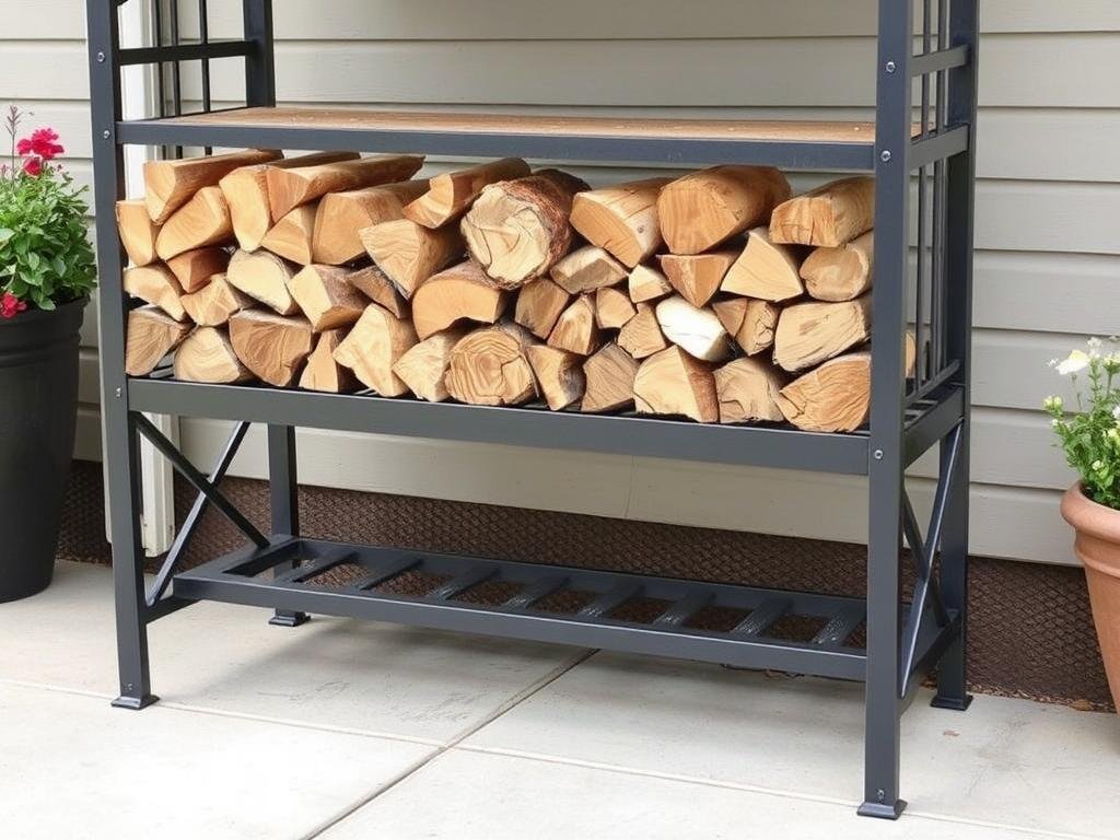 Elevated firewood rack keeping wood away from ground pests and allowing airflow