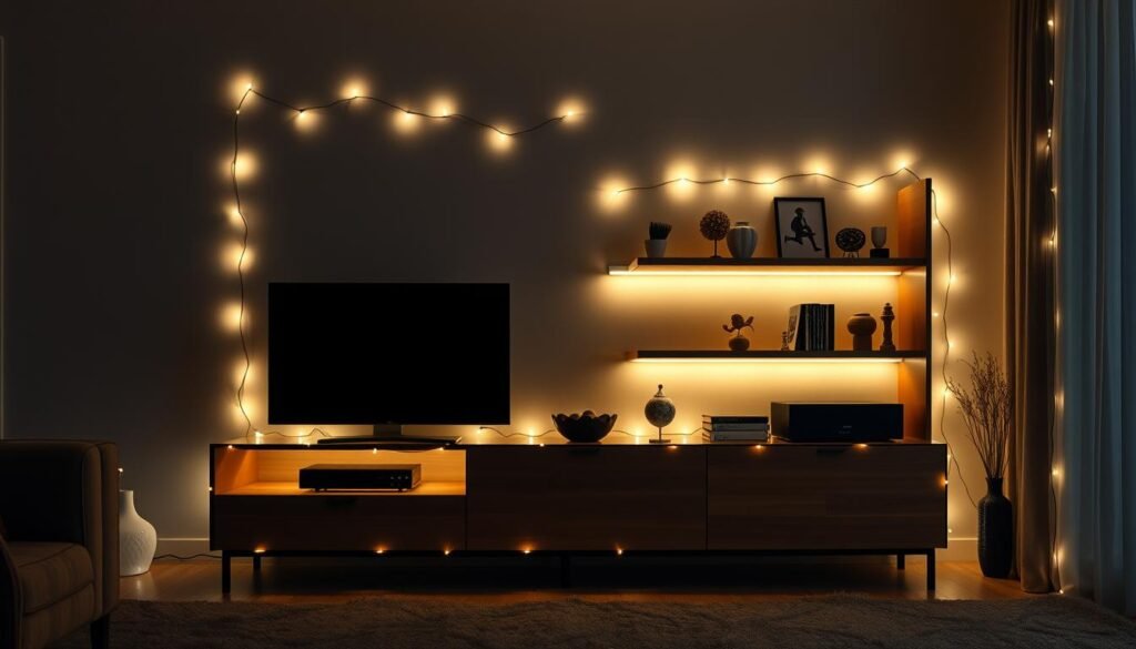 Entertainment center in a living room outlined with string lights, highlighting its silhouette against the wall