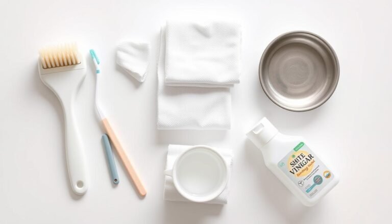 Essential cleaning tools for white shoes including brushes, cloths, and cleaning solutions