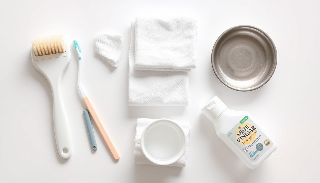 Essential cleaning tools for white shoes including brushes, cloths, and cleaning solutions
