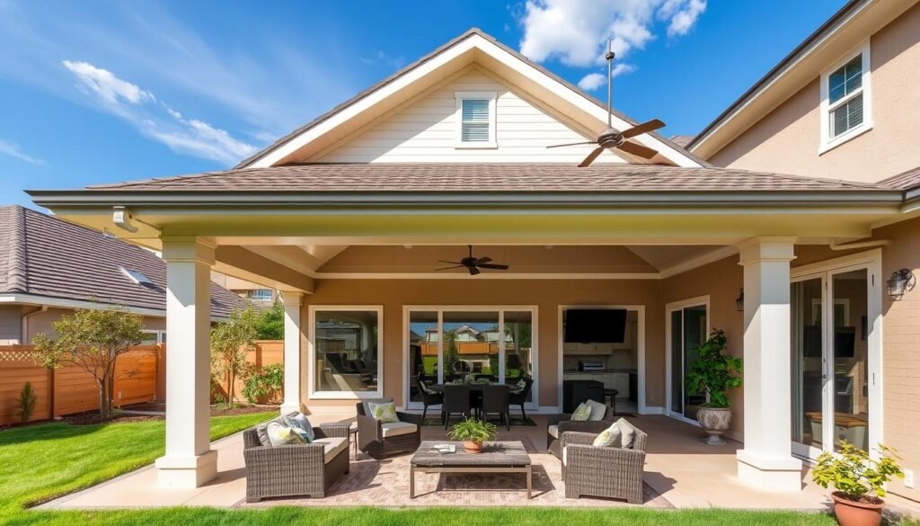 Extended roof line from house covering a patio area, creating a seamless transition from indoor to outdoor space