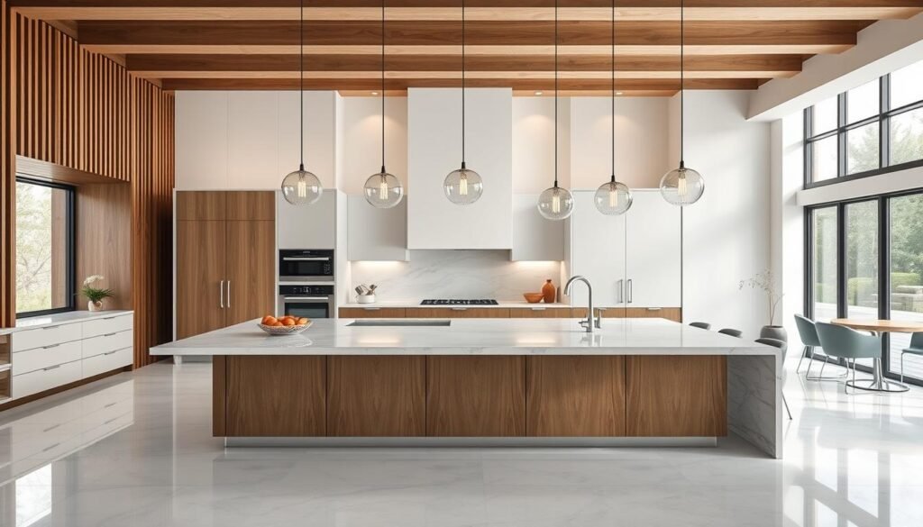 Extra-long kitchen island with multiple pendant lights evenly spaced