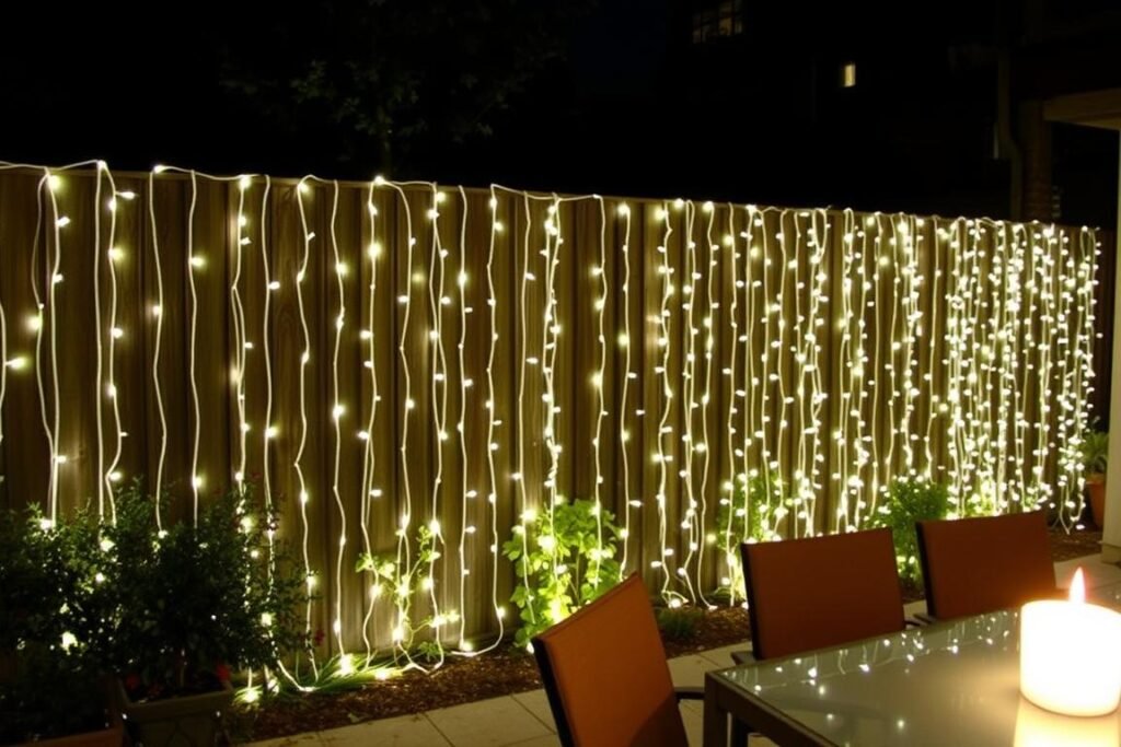 Fairy light curtain hanging on a garden fence creating a magical evening atmosphere