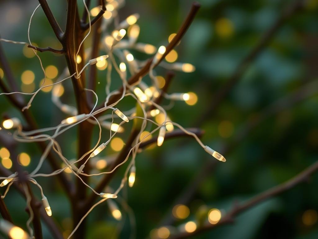 Fairy lights creating a magical atmosphere in a garden setting