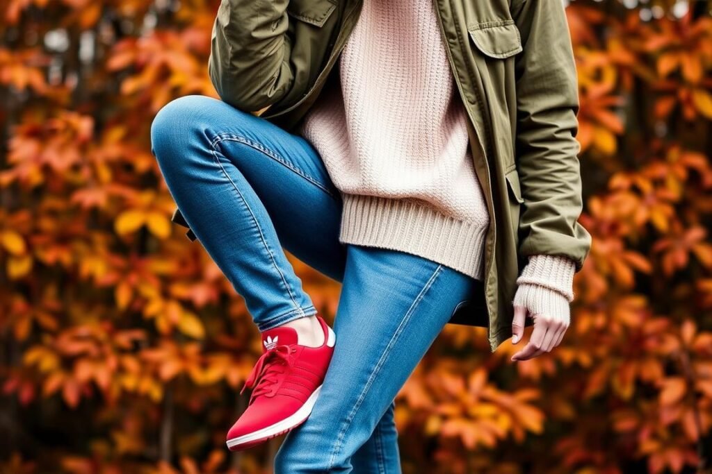Fall outfit with red adidas shoes, jeans, sweater and utility jacket
