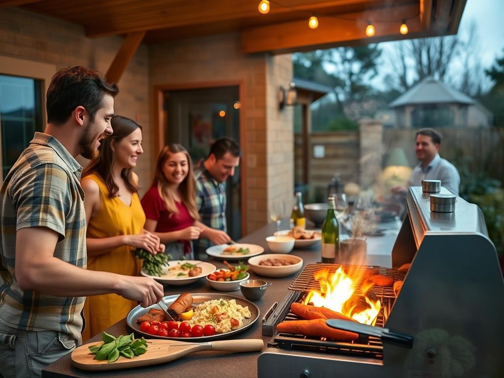 Family enjoying meal at outdoor grill küche
