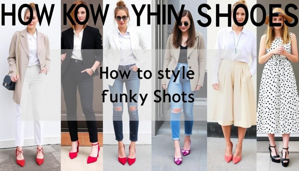 Fashion collage showing different ways to style funky shoes with various outfits