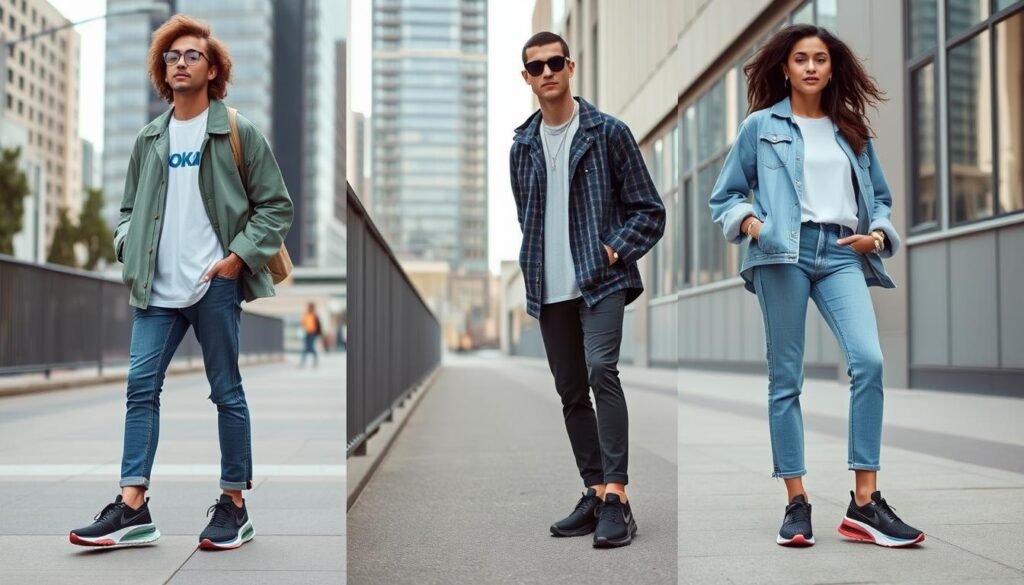 Fashion-forward individuals wearing Hoka shoes with stylish casual outfits in an urban setting