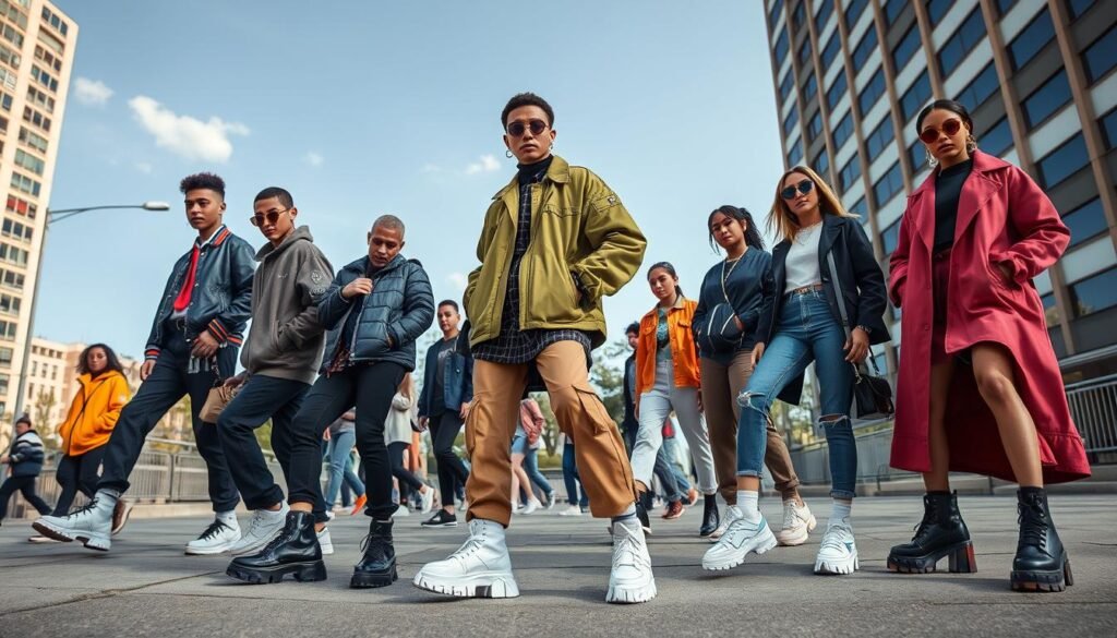 Fashion-forward individuals wearing various Balenciaga shoe styles in urban settings