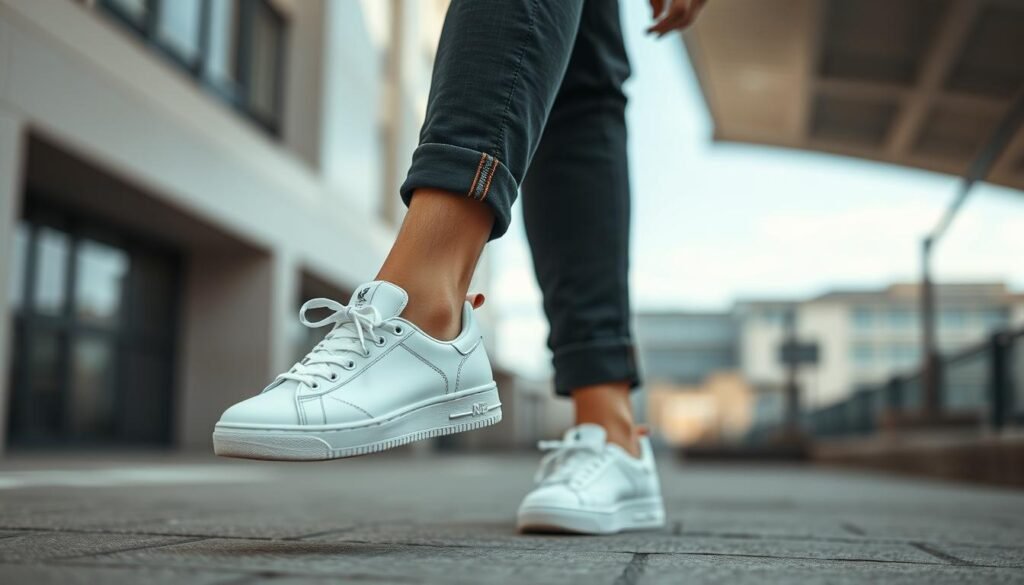 Fashion model wearing off white shoes with a stylish casual outfit