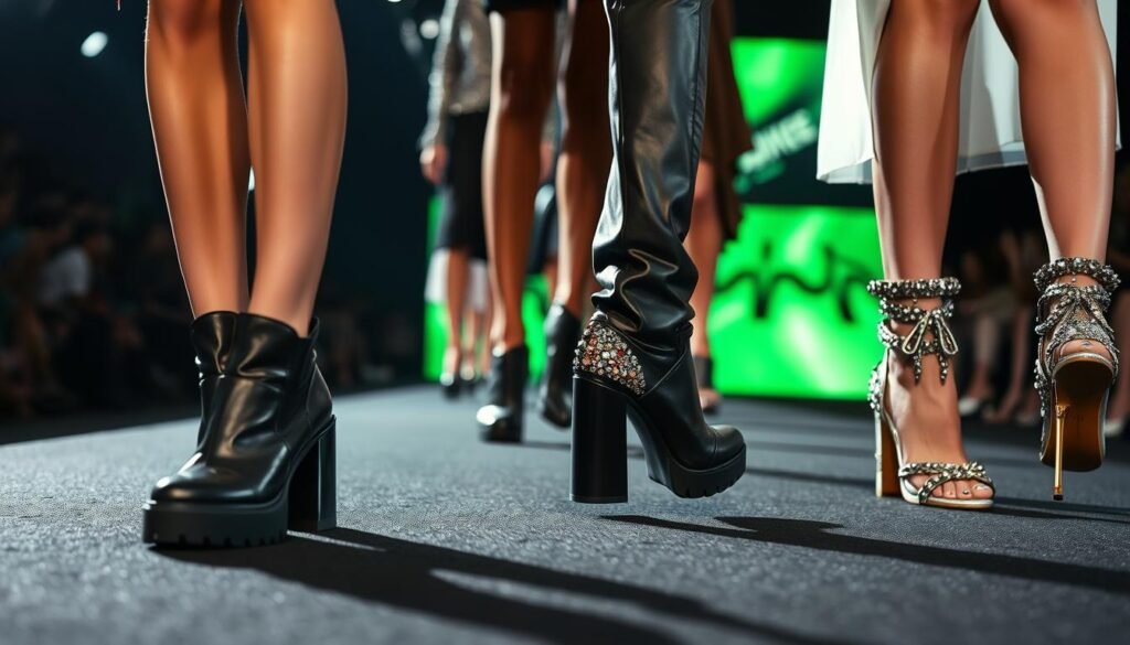 Fashion runway showcase of latest designer shoe trends for the season