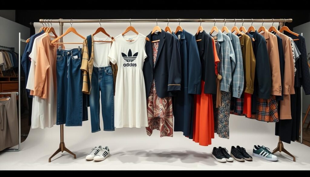 Fashion stylist arranging different adidas shoes women outfit combinations on a clothing rack