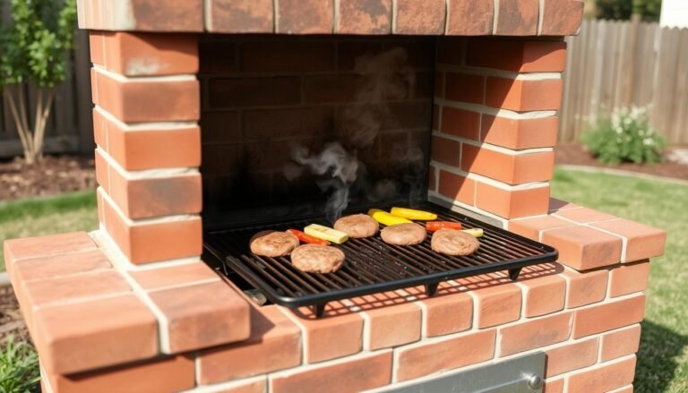 Finished DIY outdoor grill made from brick with food cooking on the grate