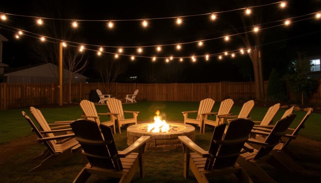 Fire pit surrounded by Adirondack chairs with overhead outdoor string lighting creating a cozy gathering space Fire pit surrounded by Adirondack chairs with overhead outdoor string lighting creating a cozy gathering space
