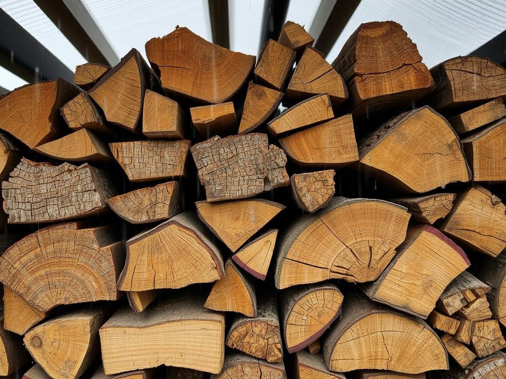 Firewood properly stacked in a covered outdoor rack showing how it's protected from rain