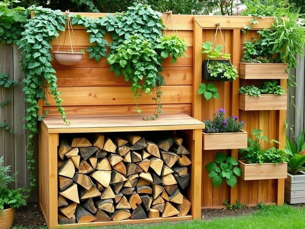 Firewood storage integrated with vertical garden elements