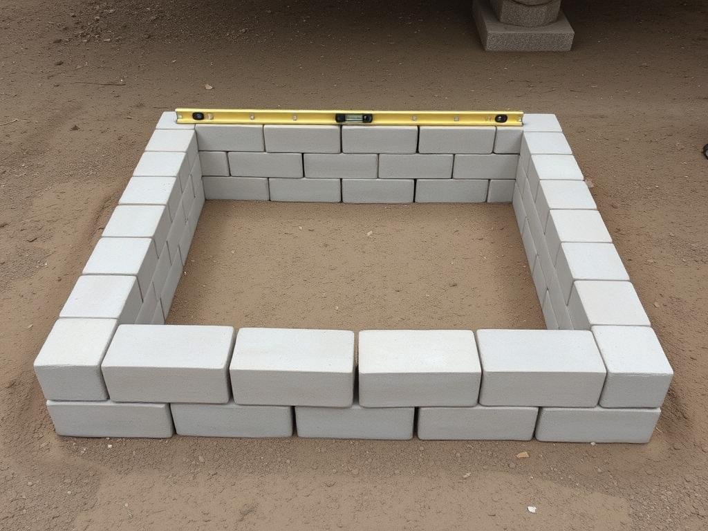First layer of cinder blocks arranged in U-shape