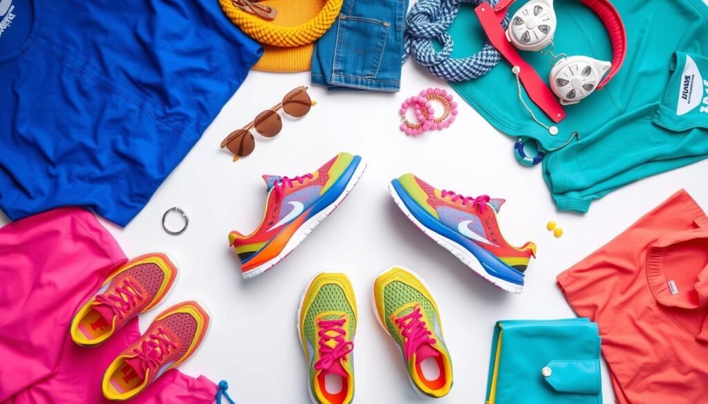 Flat lay of Hoka shoes with color-coordinated clothing and accessories