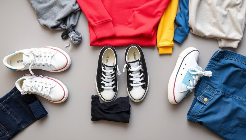 Flat lay of different colored tennis shoes with coordinating outfit pieces