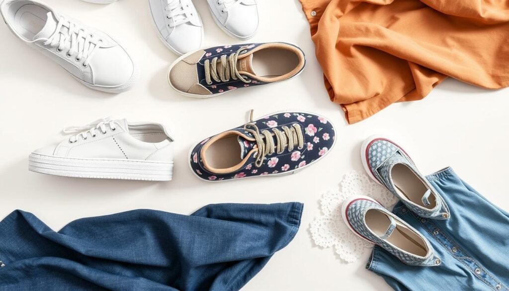 Flat lay of different tennis shoe styles next to dress fabrics