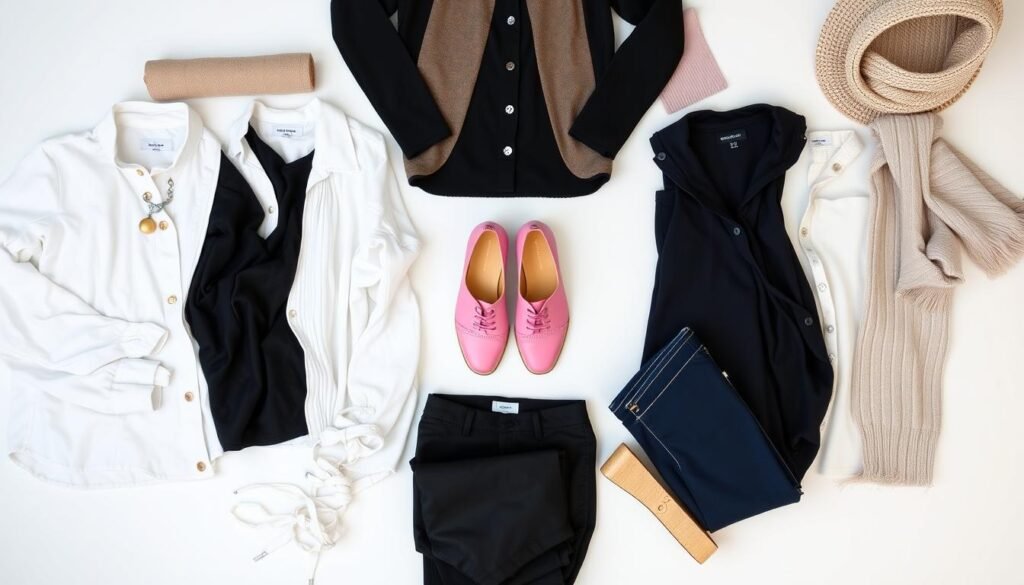 Flat lay of various outfits with pink shoes showing different color combinations