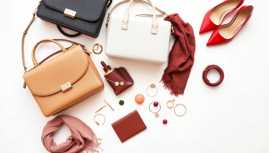 Flatlay of accessories and clothing items that pair well with red shoes including neutral bags and gold jewelry