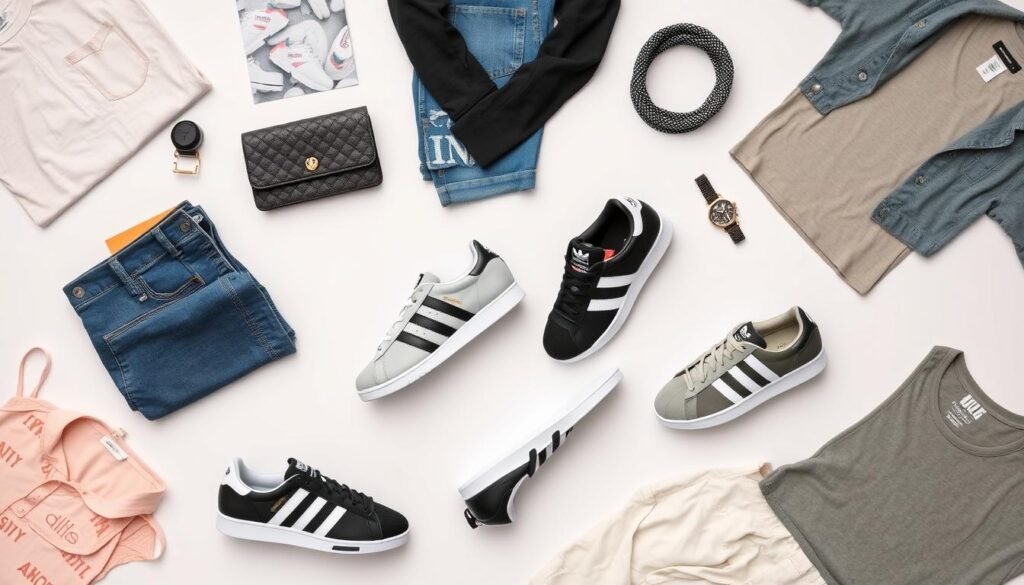 Flatlay of various Adidas shoes with different outfit components showing styling possibilities