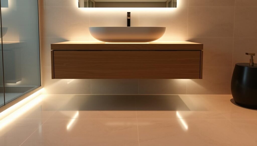 Floating bathroom vanity with LED strip lights underneath creating a floating effect