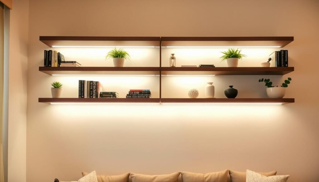 Floating shelves with LED strip lights underneath highlighting displayed items