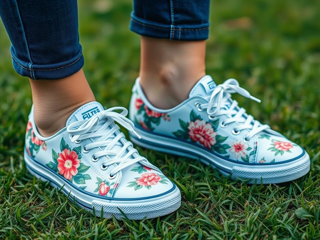 Floral print tennis shoes paired with jeans