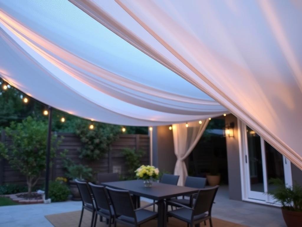 Flowing fabric canopy draped over a patio dining area, creating a soft, elegant shade solution